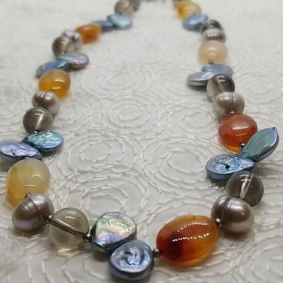 Stone Necklace Multiple Grey Yellow Blue Stones Necklace - Picture 2 of 12